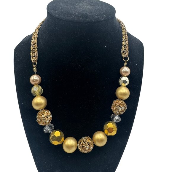 Vintage Gold Tone Multi Bead Necklace Chain Brushed Gold Rhinestones Clear Beads - Picture 2 of 4